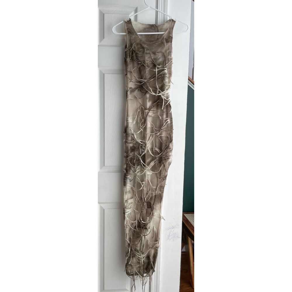 Deconstructed Mesh Maxi Dress Taupe Shredded Ribbon Avant Garde Bodycon Y2K - Picture 2 of 4